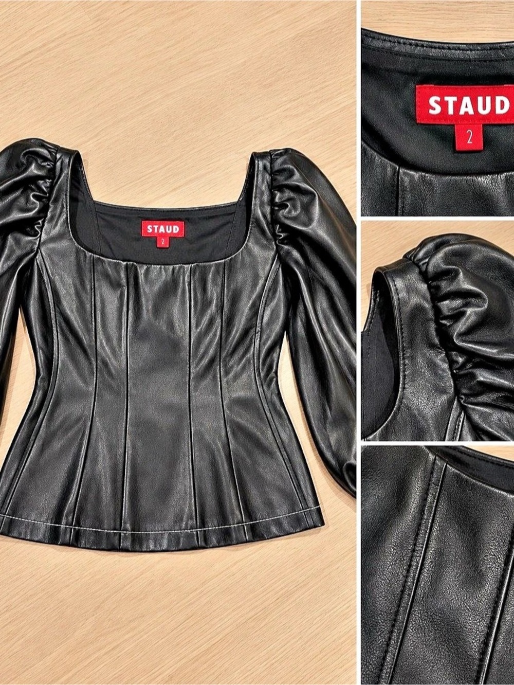 STAUD Wells Faux Leather Top Black Long Sleeve Size 2